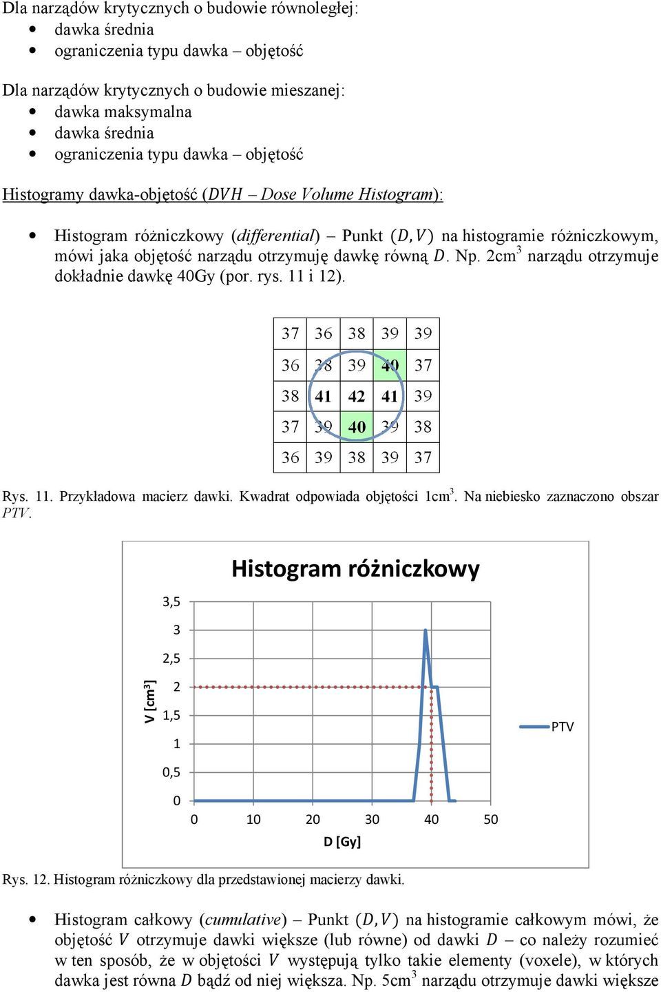 2cm 3 narządu otrzymuje dokładnie dawkę 40Gy (por. rys. 11 i 12). Rys. 11. Przykładowa macierz dawki. Kwadrat odpowiada objętości 1cm 3. Na niebiesko zaznaczono obszar PTV.