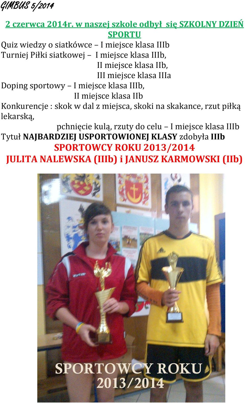 klasa IIIb, II miejsce klasa IIb, III miejsce klasa IIIa Doping sportowy I miejsce klasa IIIb, II miejsce klasa IIb Konkurencje