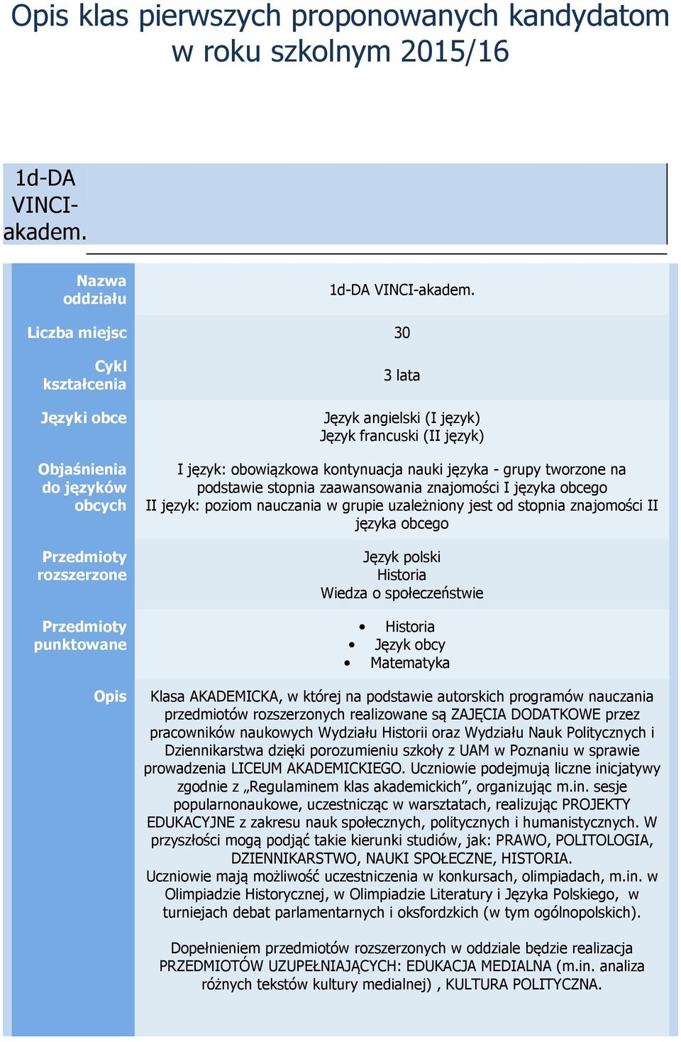 Historii oraz Wydziału Nauk Politycznych i Dziennikarstwa dzięki porozumieniu szkoły z UAM w Poznaniu w sprawie prowadzenia LICEUM AKADEMICKIEGO.