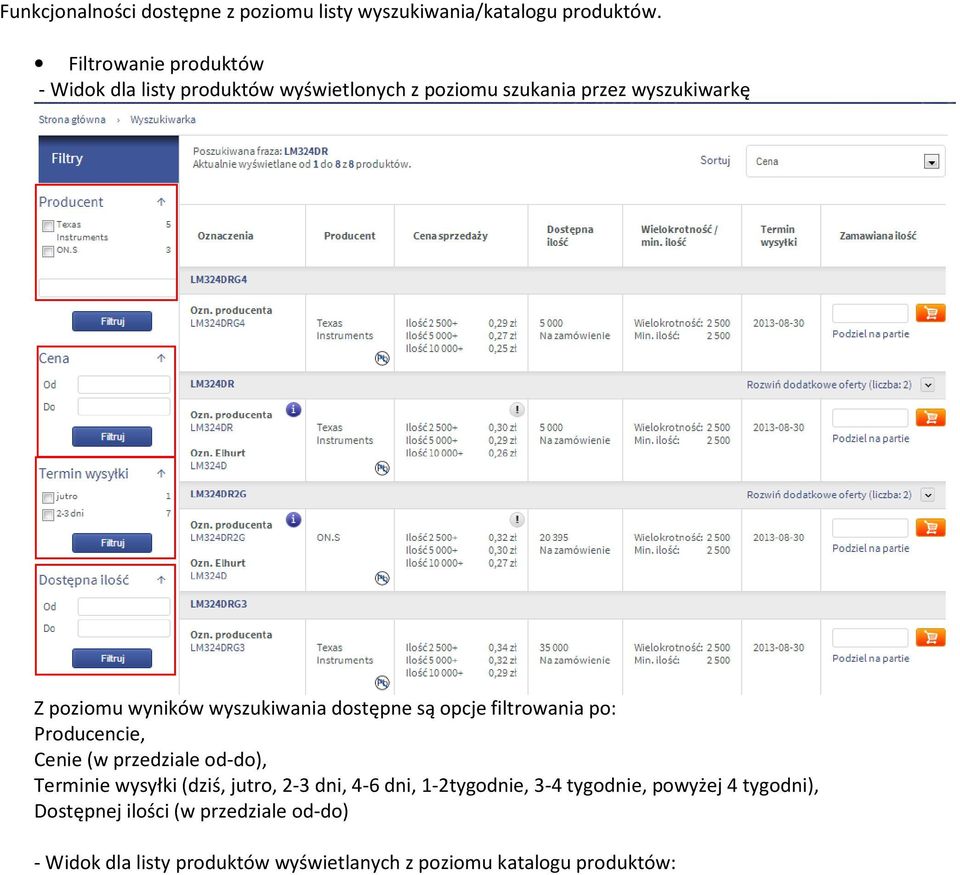 wyszukiwania dostępne są opcje filtrowania po: Producencie, Cenie (w przedziale od-do), Terminie wysyłki (dziś, jutro,