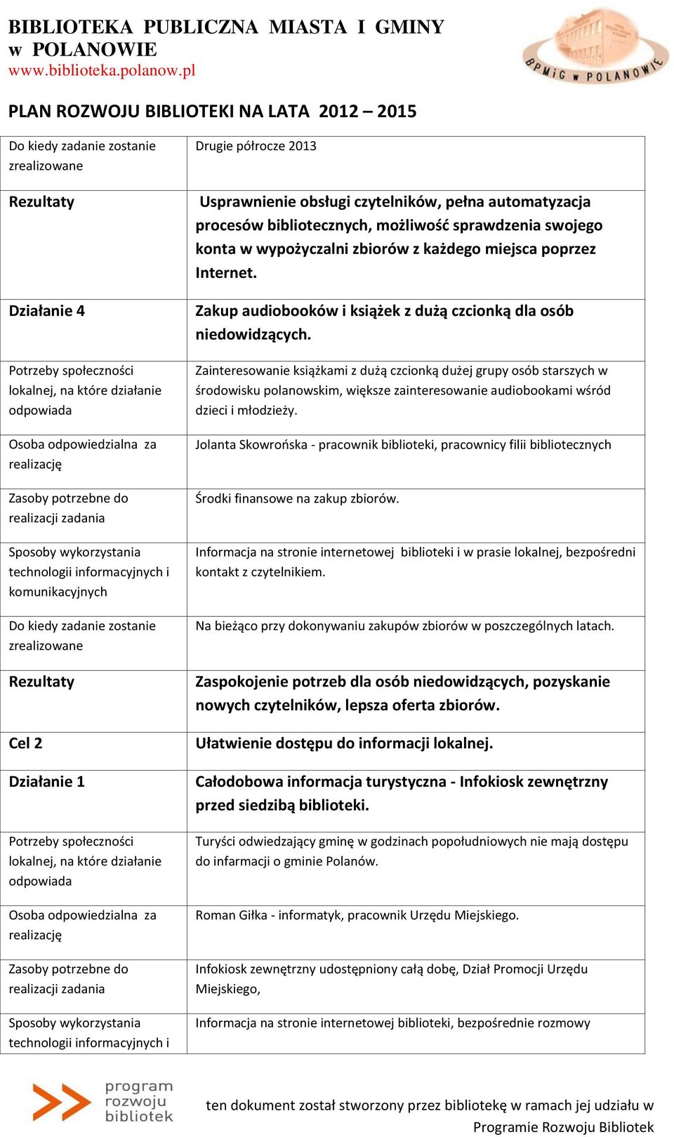 Zainteresowanie książkami z dużą czcionką dużej grupy osób starszych w środowisku polanowskim, większe zainteresowanie audiobookami wśród dzieci i młodzieży.