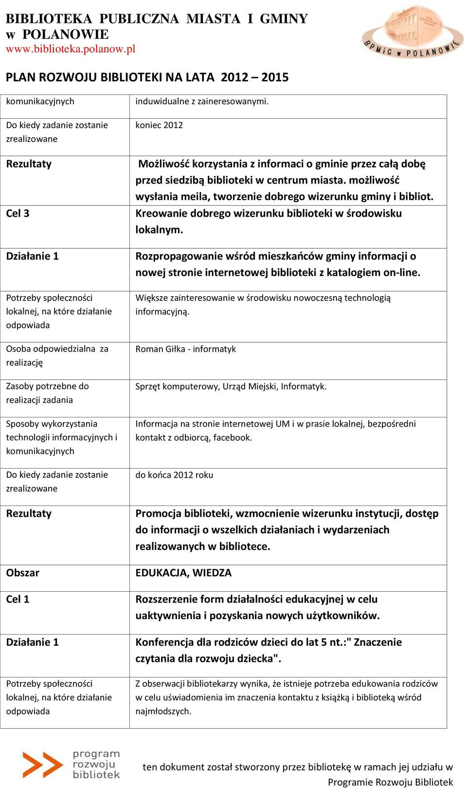 Rozpropagowanie wśród mieszkańców gminy informacji o nowej stronie internetowej biblioteki z katalogiem on-line. Większe zainteresowanie w środowisku nowoczesną technologią informacyjną.