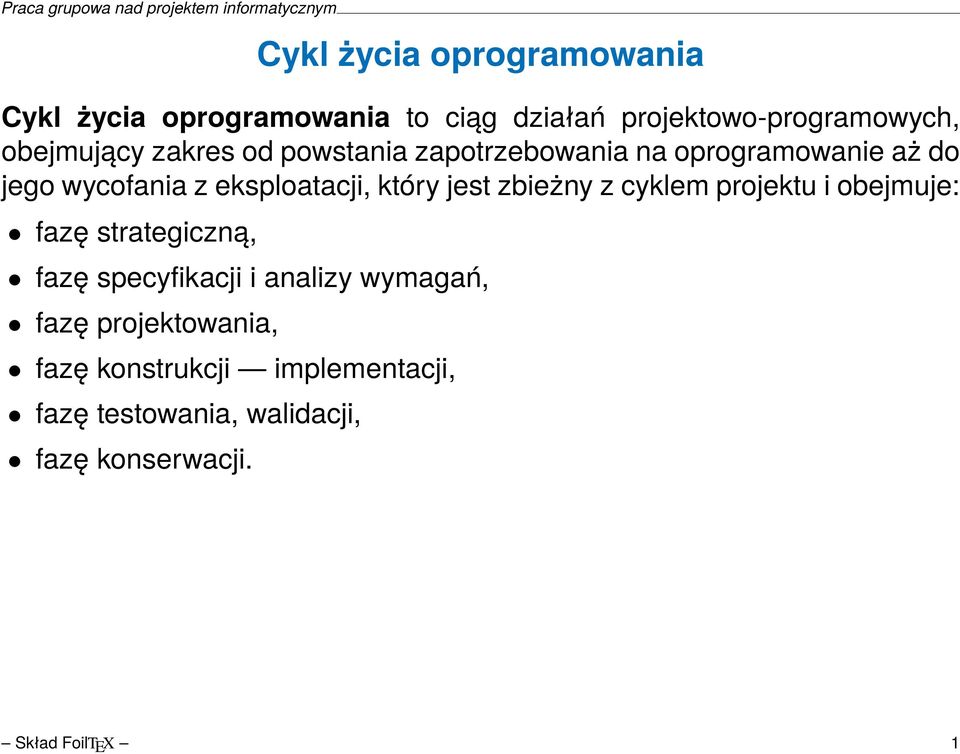 zbieżny z cyklem projektu i obejmuje: fazę strategiczną, fazę specyfikacji i analizy wymagań, fazę