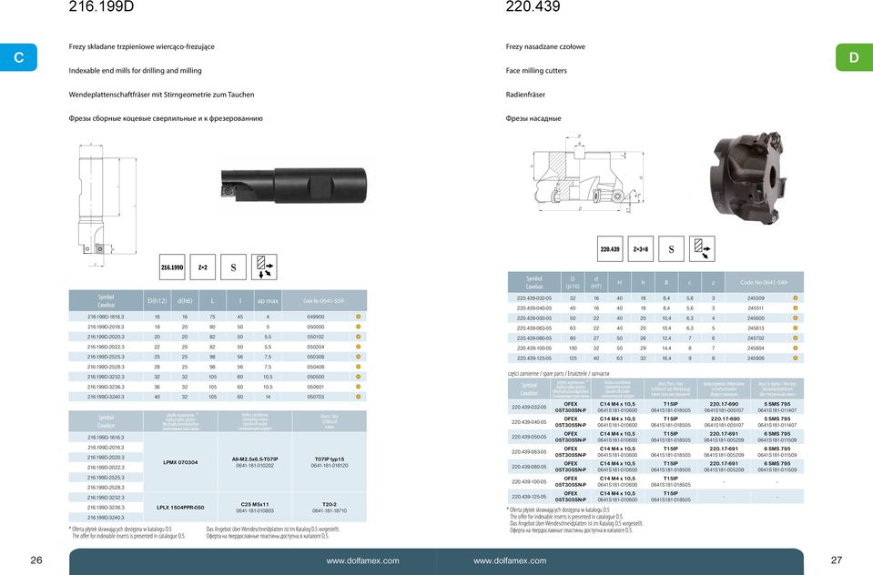 cборные коцевые сверлильные и к фрезерованнию Фрезы насадные 220.439 Z=3 8 S (h12) d(h6) L l ap max Code No 0641-559- 216.199-1616.3 16 16 75 45 4 049900 216.199-2018.3 18 20 80 50 5 050000 216.