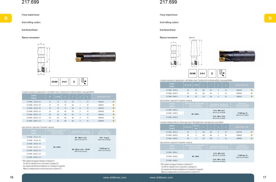 / with Weldon shank / Zylinderschaft mit Mitnahmefläche / хвостовик Weldon d (h6) L I z a Code No 0641-559- 217.699-1212.3-10 12 12 70 45 1 10 056510 217.699-1614.3-10 14 16 75 48 1 10 056516 217.