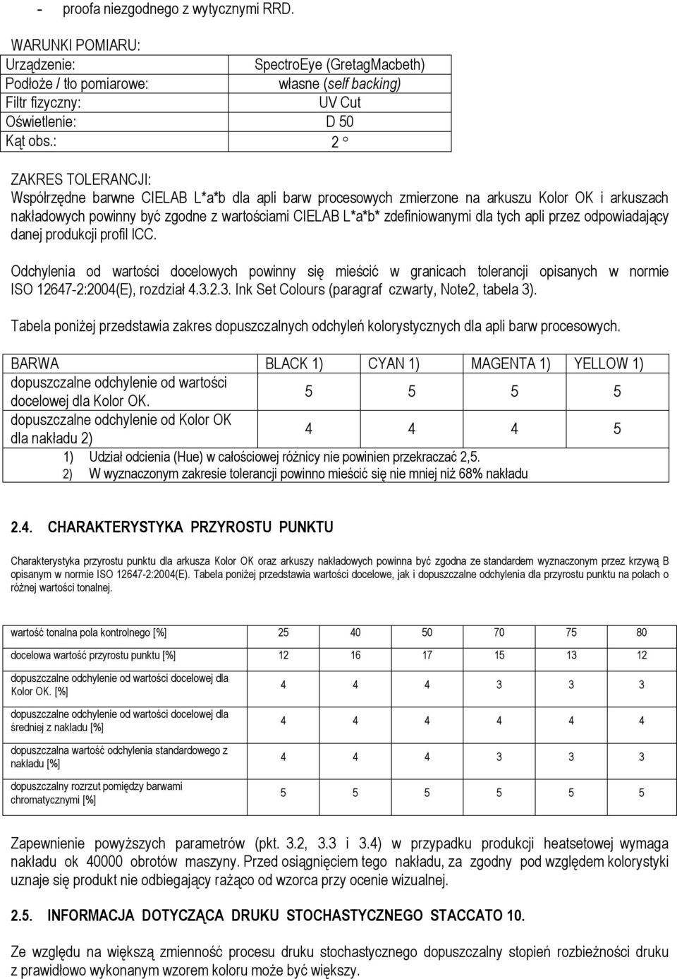 dla tych apli przez odpowiadający danej produkcji profil ICC. Odchylenia od wartości docelowych powinny się mieścić w granicach tolerancji opisanych w normie ISO 12647-2:2004(E), rozdział 4.3.