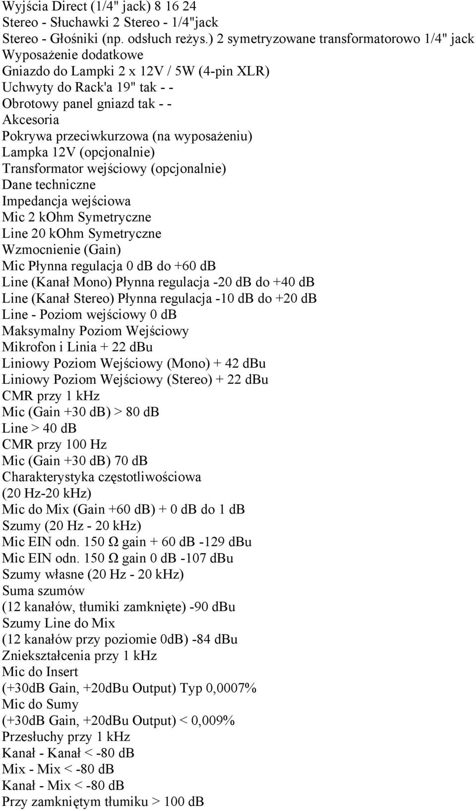 przeciwkurzowa (na wyposażeniu) Lampka 12V (opcjonalnie) Transformator wejściowy (opcjonalnie) Dane techniczne Impedancja wejściowa Mic 2 kohm Symetryczne Line 20 kohm Symetryczne Wzmocnienie (Gain)