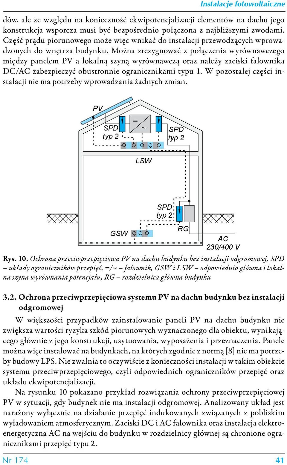 Można zrezygnować z połączenia wyrównawczego między panelem PV a lokalną szyną wyrównawczą oraz należy zaciski falownika DC/AC zabezpieczyć obustronnie ogranicznikami typu 1.