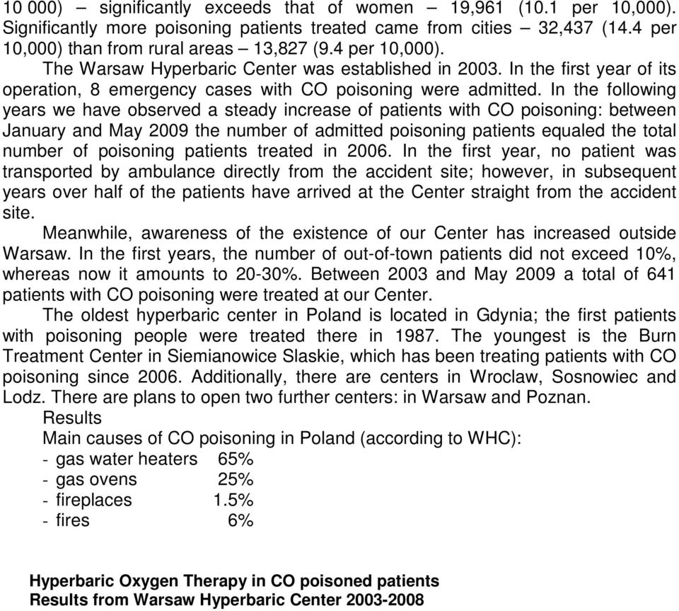 In the following years we have observed a steady increase of patients with CO poisoning: between January and May 2009 the number of admitted poisoning patients equaled the total number of poisoning