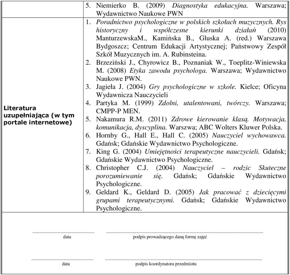 2. Brzeziński J., Chyrowicz B., Poznaniak W., Toeplitz-Winiewska M. (2008) Etyka zawodu psychologa. Warszawa; Wydawnictwo Naukowe PWN. 3. Jagieła J. (2004) Gry psychologiczne w szkole.