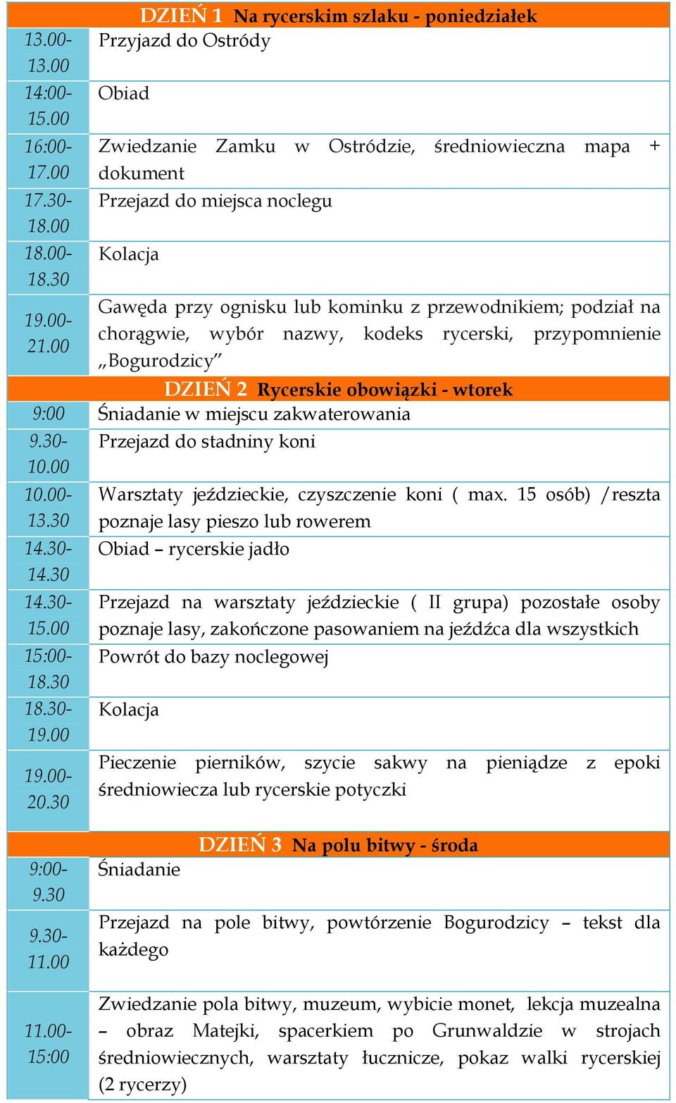 kominku z przewodnikiem; podział na 19.00- chorągwie, wybór nazwy, kodeks rycerski, przypomnienie 21.00 Bogurodzicy DZIEŃ 2 Rycerskie obowiązki - wtorek 9:00 Śniadanie w miejscu zakwaterowania 9.