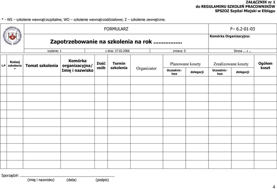 .. Komórka Organizacyjna: wydanie: 1 z dnia: 27.02.2006 zmiana: 0 Strona... z... L.