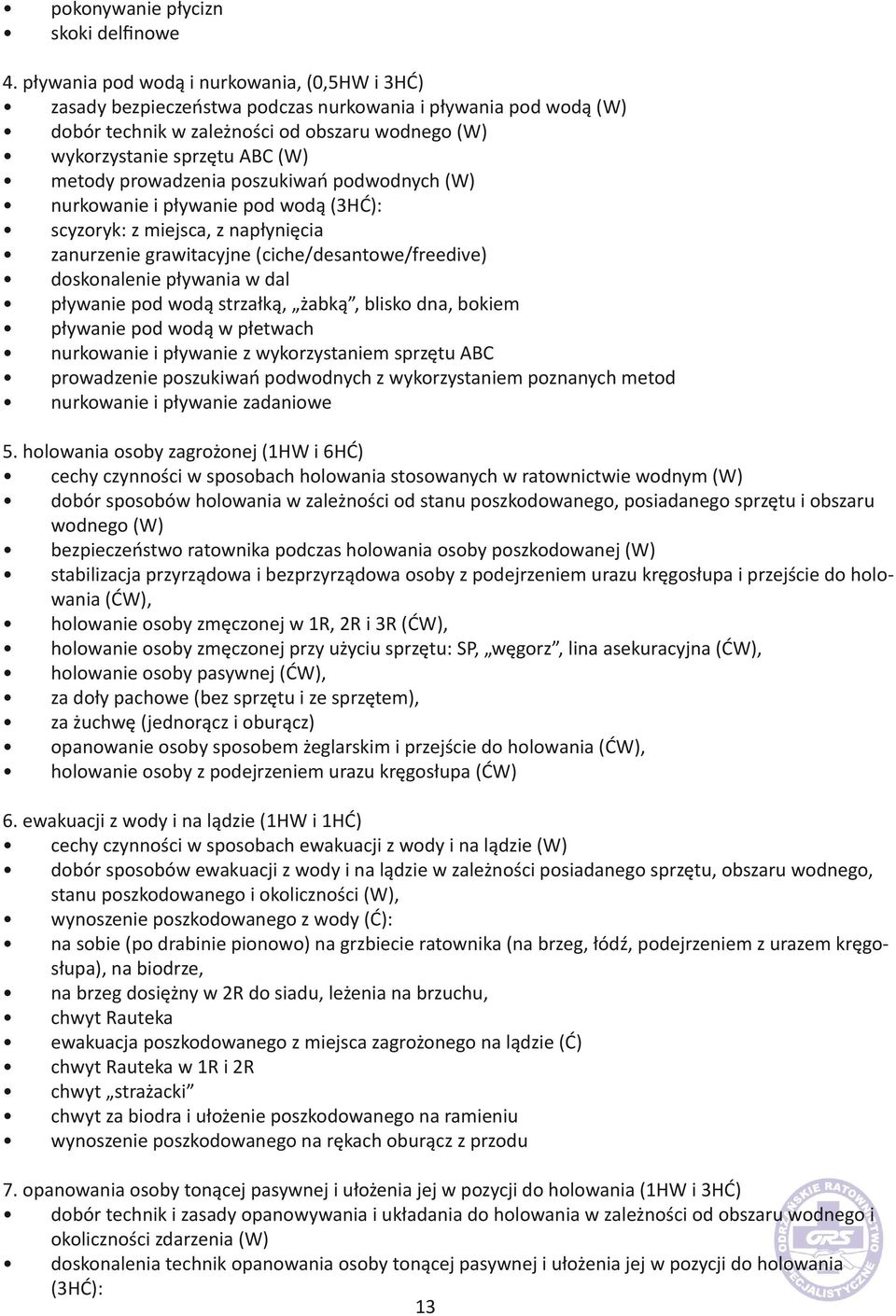 prowadzenia poszukiwań podwodnych (W) nurkowanie i pływanie pod wodą (3HĆ): scyzoryk: z miejsca, z napłynięcia zanurzenie grawitacyjne (ciche/desantowe/freedive) doskonalenie pływania w dal pływanie