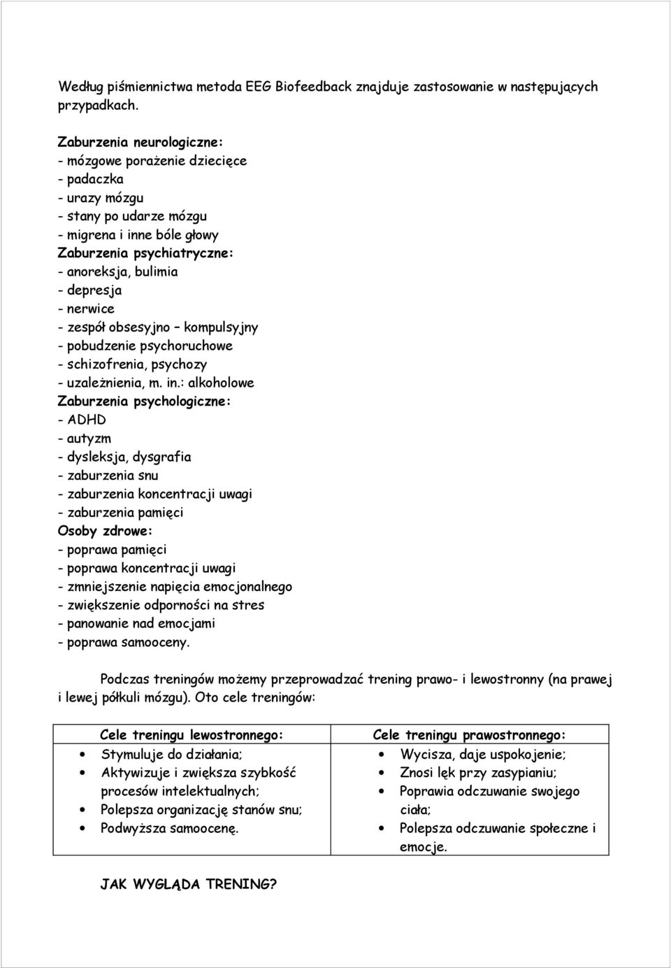 nerwice - zespół obsesyjno kompulsyjny - pobudzenie psychoruchowe - schizofrenia, psychozy - uzależnienia, m. in.