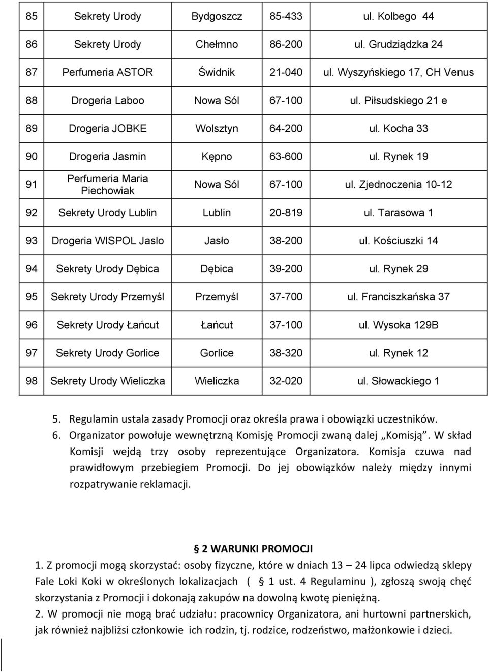 Rynek 19 91 Perfumeria Maria Piechowiak Nowa Sól 67-100 ul. Zjednoczenia 10-12 92 Sekrety Urody Lublin Lublin 20-819 ul. Tarasowa 1 93 Drogeria WISPOL Jaslo Jasło 38-200 ul.