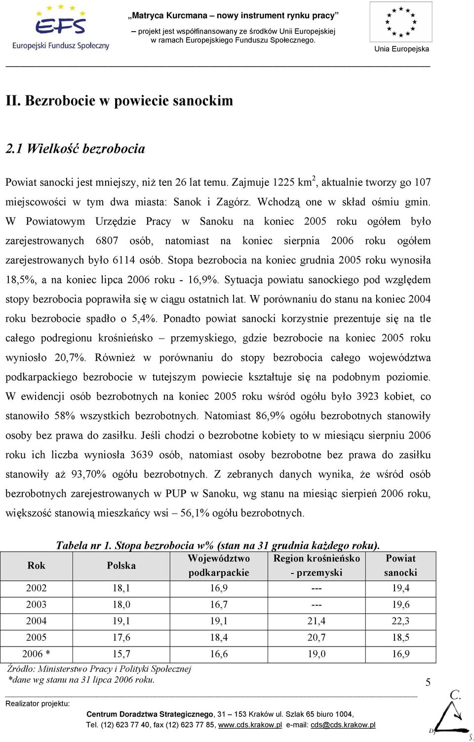 W Powiatowym Urzędzie Pracy w Sanoku na koniec 2005 roku ogółem było zarejestrowanych 6807 osób, natomiast na koniec sierpnia 2006 roku ogółem zarejestrowanych było 6114 osób.