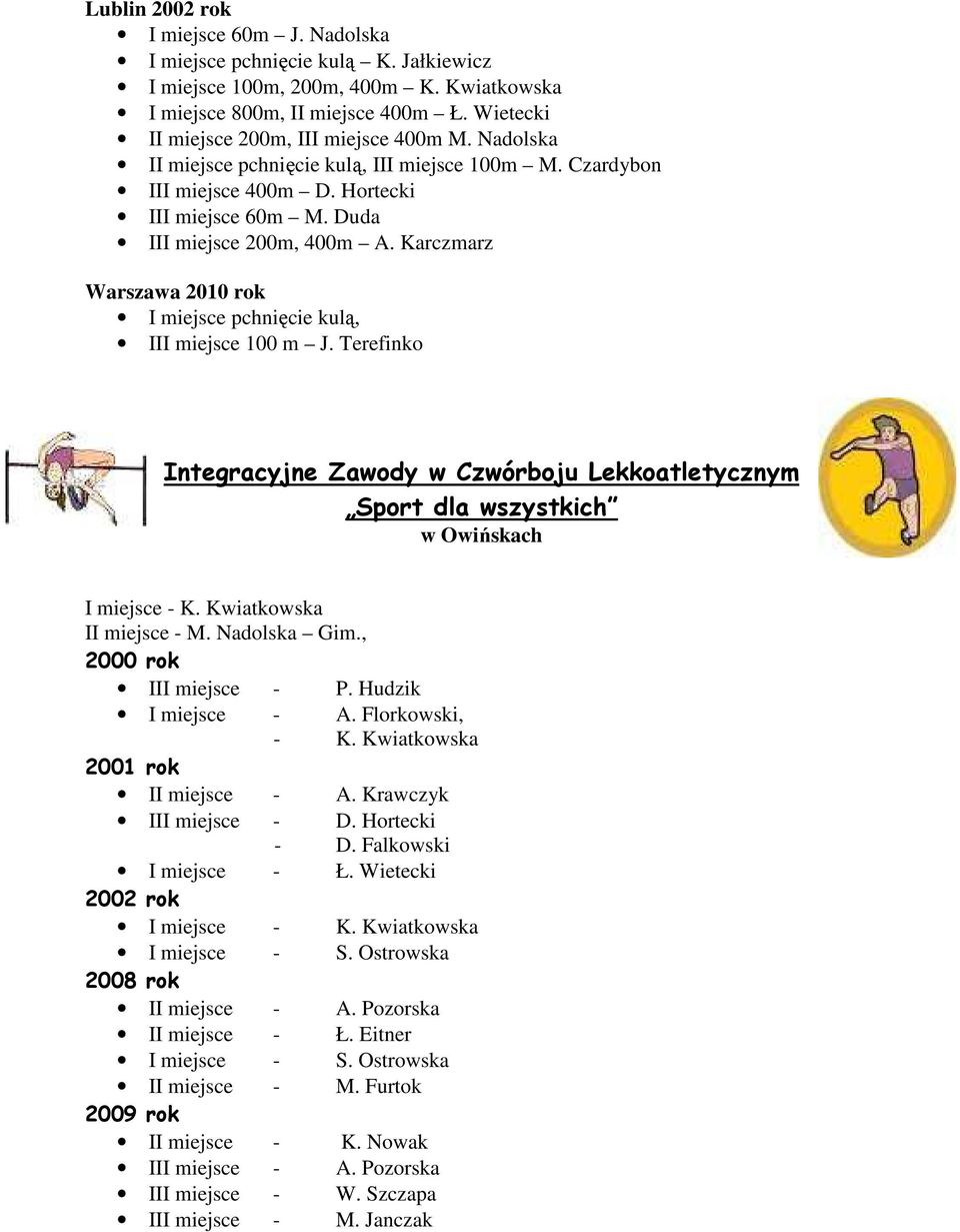 Karczmarz Warszawa 2010 rok I miejsce pchnięcie kulą, III miejsce 100 m J. Terefinko Integracyjne Zawody w Czwórboju Lekkoatletycznym Sport dla wszystkich w Owińskach I miejsce - K.