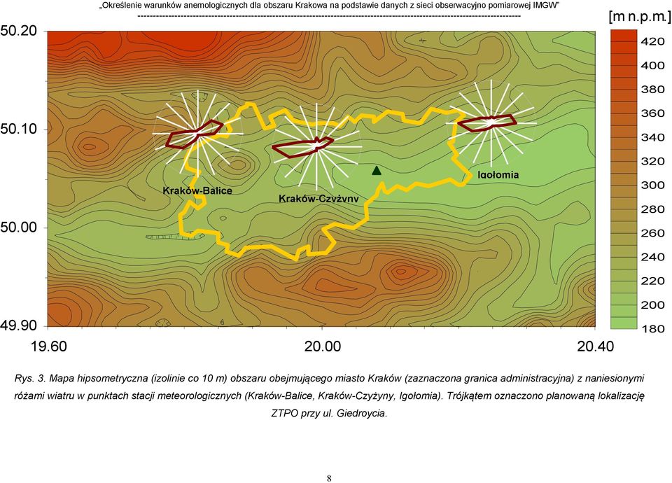 Mapa hipsometryczna (izolinie co 1 m) obszaru obejmującego miasto Kraków (zaznaczona granica administracyjna) z naniesionymi