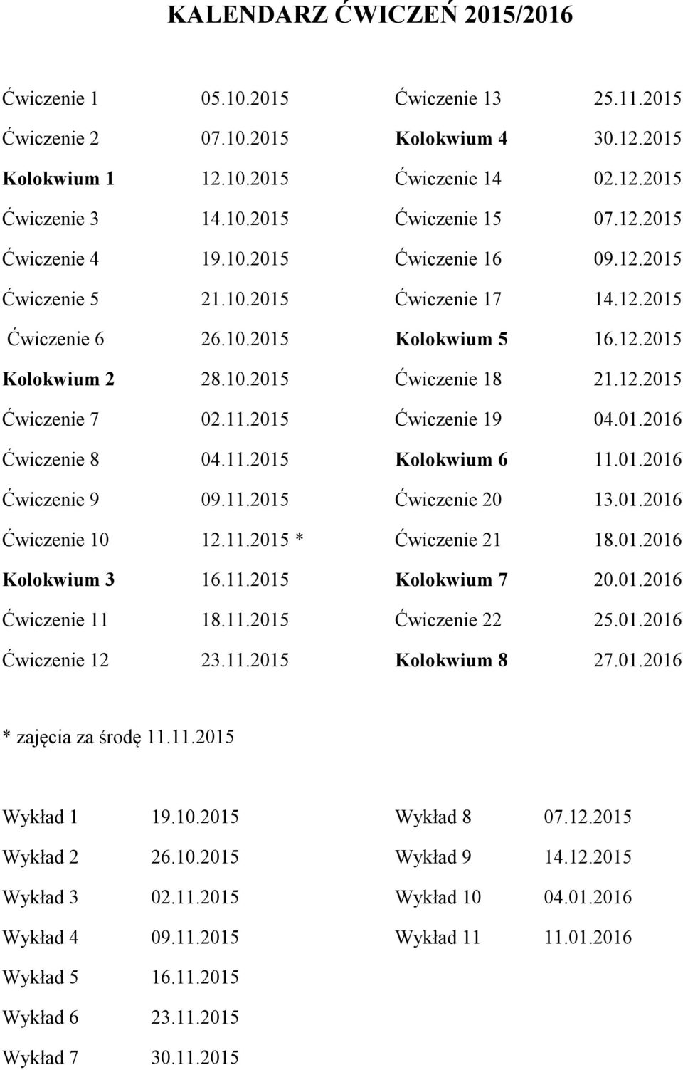 12.2015 Ćwiczenie 14 02.12.2015 Ćwiczenie 15 07.12.2015 Ćwiczenie 16 09.12.2015 Ćwiczenie 17 14.12.2015 Kolokwium 5 16.12.2015 Ćwiczenie 18 21.12.2015 Ćwiczenie 19 04.01.2016 Kolokwium 6 11.01.2016 Ćwiczenie 20 13.