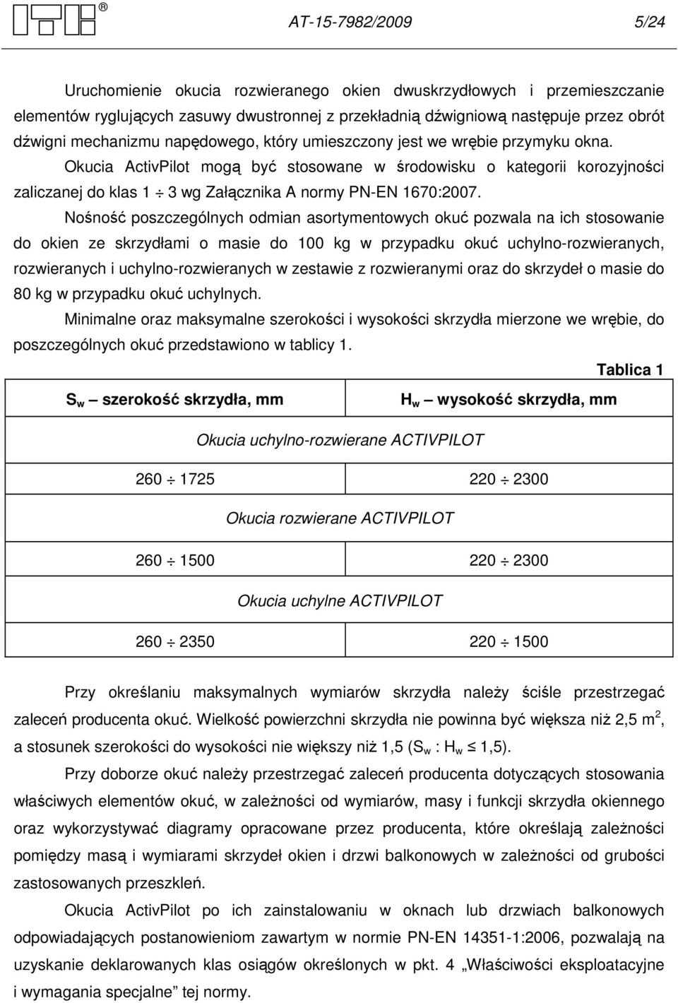 Okucia ActivPilot mogą być stosowane w środowisku o kategorii korozyjności zaliczanej do klas 1 3 wg Załącznika A normy PN-EN 1670:2007.