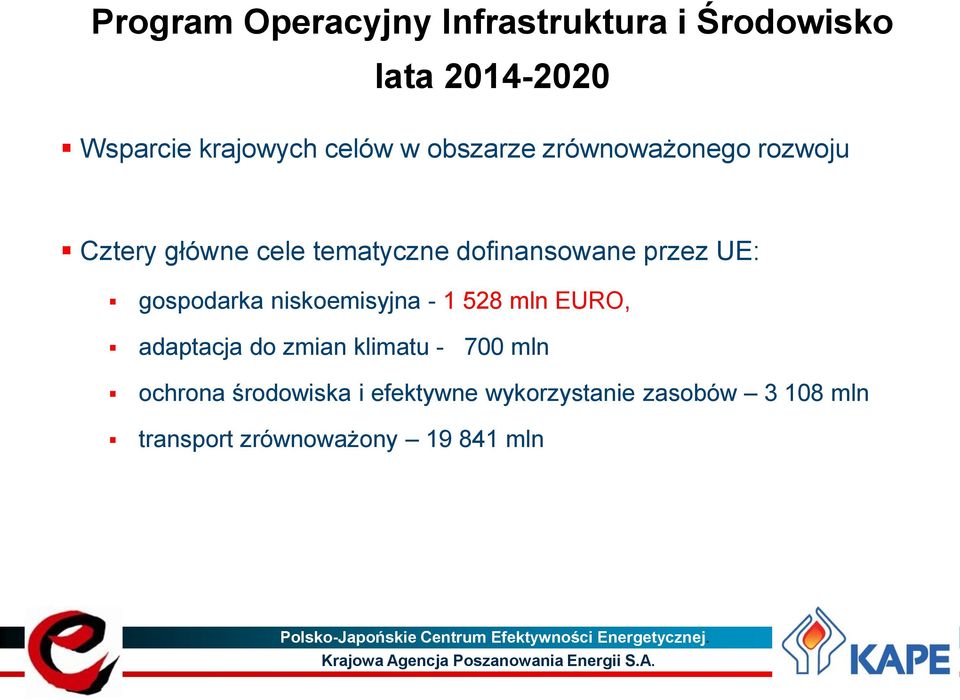 - 1 528 mln EURO, adaptacja do zmian klimatu - 700 mln ochrona środowiska i efektywne wykorzystanie