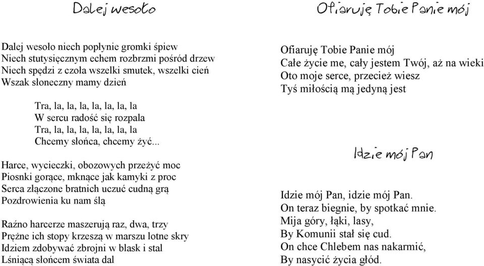 .. Harce, wycieczki, obozowych przeżyć moc Piosnki gorące, mknące jak kamyki z proc Serca złączone bratnich uczuć cudną grą Pozdrowienia ku nam ślą Raźno harcerze maszerują raz, dwa, trzy Prężne ich