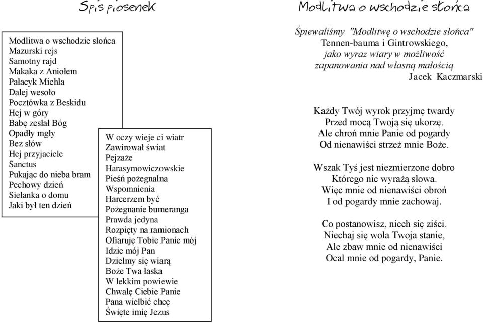 bumeranga Prawda jedyna Rozpięty na ramionach Ofiaruję Tobie Panie mój Idzie mój Pan Dzielmy się wiarą Boże Twa łaska W lekkim powiewie Chwalę Ciebie Panie Pana wielbić chcę Święte imię Jezus