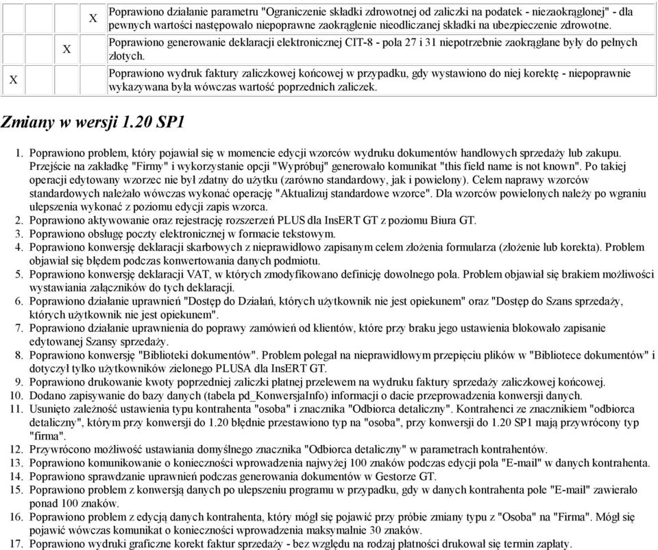 Poprawiono wydruk faktury zaliczkowej końcowej w przypadku, gdy wystawiono do niej korektę - niepoprawnie wykazywana była wówczas wartość poprzednich zaliczek. Zmiany w wersji 1.20 SP1 1. 2. 3. 4. 5.