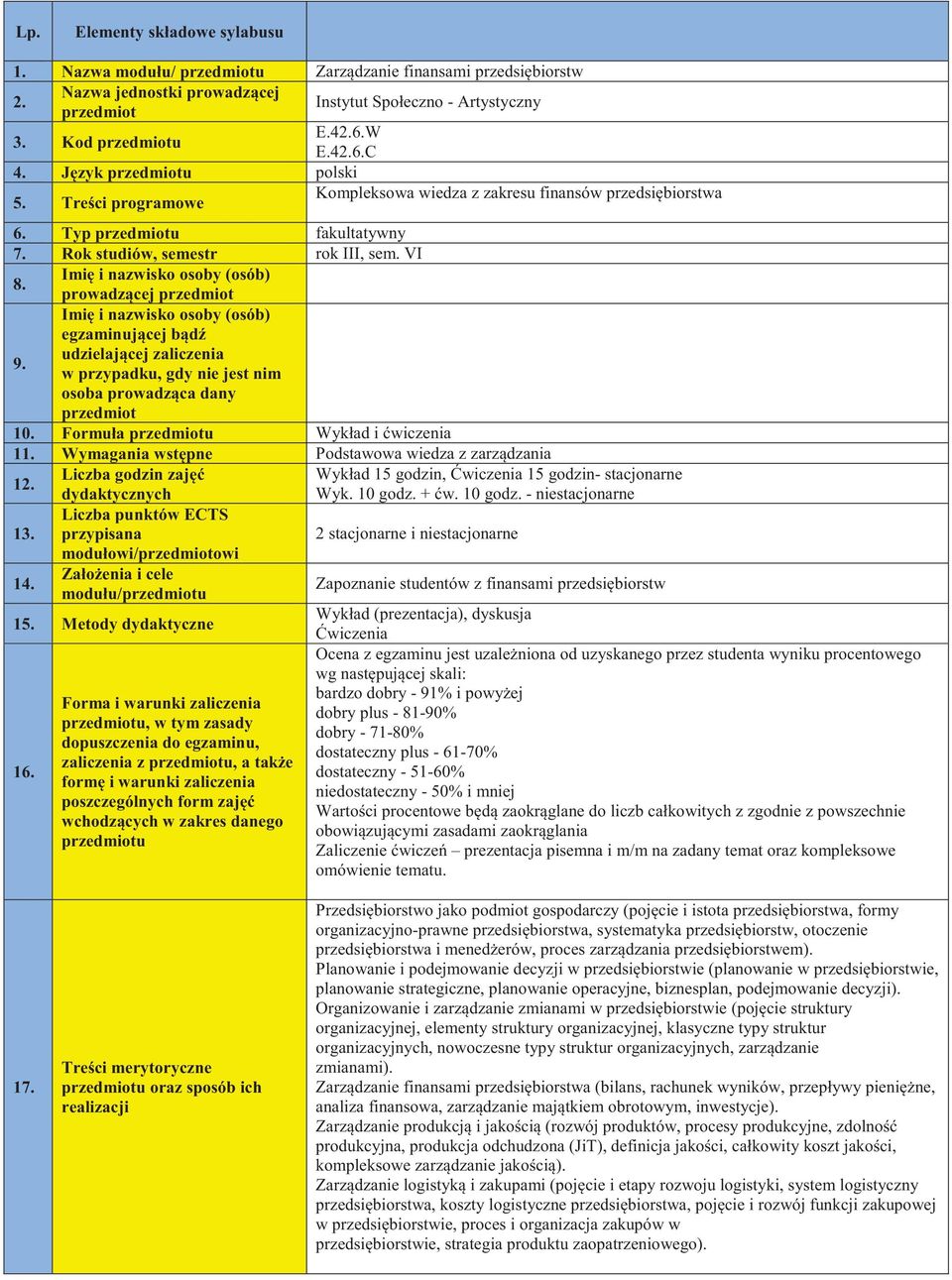 Imi i nazwisko osoby (osób) egzaminuj cej b d udzielaj cej zaliczenia w przypadku, gdy nie jest nim osoba prowadz ca dany 10. Formuła Wykład i wiczenia 11.