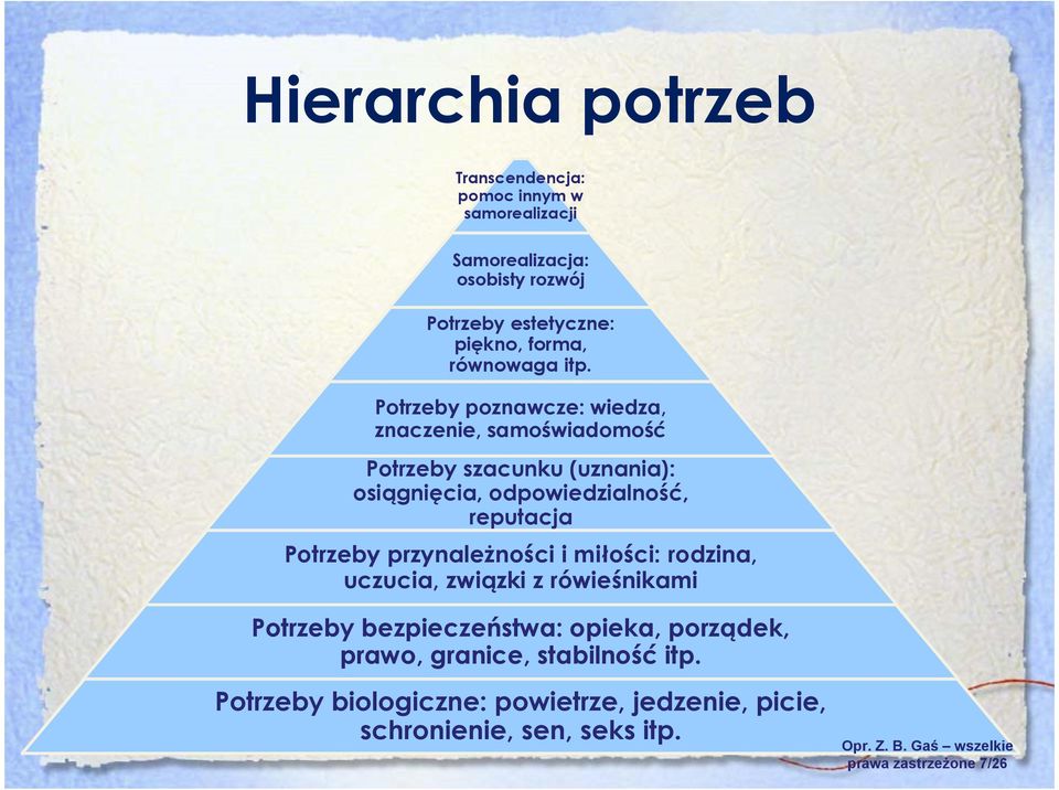 Potrzeby poznawcze: wiedza, znaczenie, samoświadomość Potrzeby szacunku (uznania): osiągnięcia, odpowiedzialność, reputacja