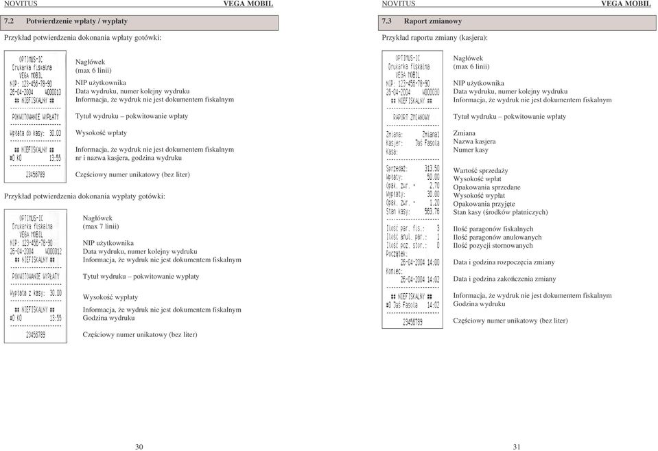 potwierdzenia dokonania wypłaty gotówki: Nagłówek (max 7 linii) NIP uytkownika Data wydruku, numer kolejny wydruku Informacja, e wydruk nie jest dokumentem fiskalnym Tytuł wydruku pokwitowanie