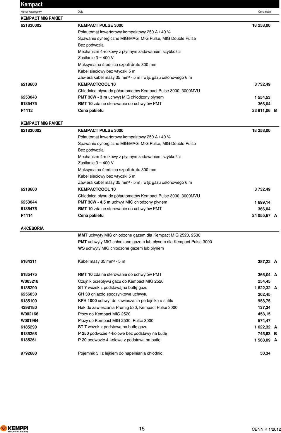 półautomatów Kempact Pulse 3000, 3000MVU 6253043 PMT 30W - 3 m uchwyt MIG chłodzony płynem 1 554,53 6185475 RMT 10 zdalne sterowanie do uchwytów PMT 366,04 P1112 Cena pakietu 23 911,06 B KEMPACT MIG