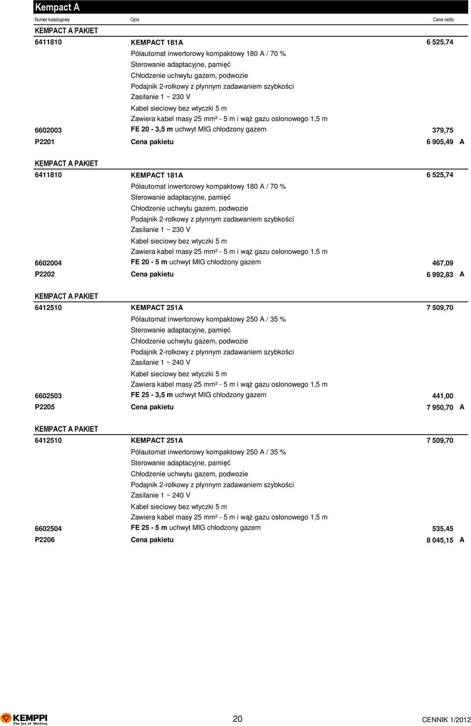 PAKIET 6411810 KEMPACT 181A 6 525,74 Półautomat inwertorowy kompaktowy 180 A / 70 % Sterowanie adaptacyjne, pamięć Chłodzenie uchwytu gazem, podwozie Podajnik 2-rolkowy z płynnym zadawaniem szybkości