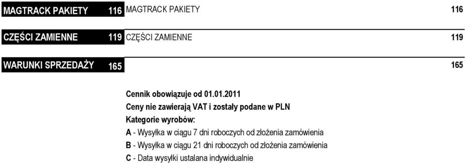 01.2011 Ceny nie zawierają VAT i zostały podane w PLN Kategorie wyrobów: A - Wysyłka w