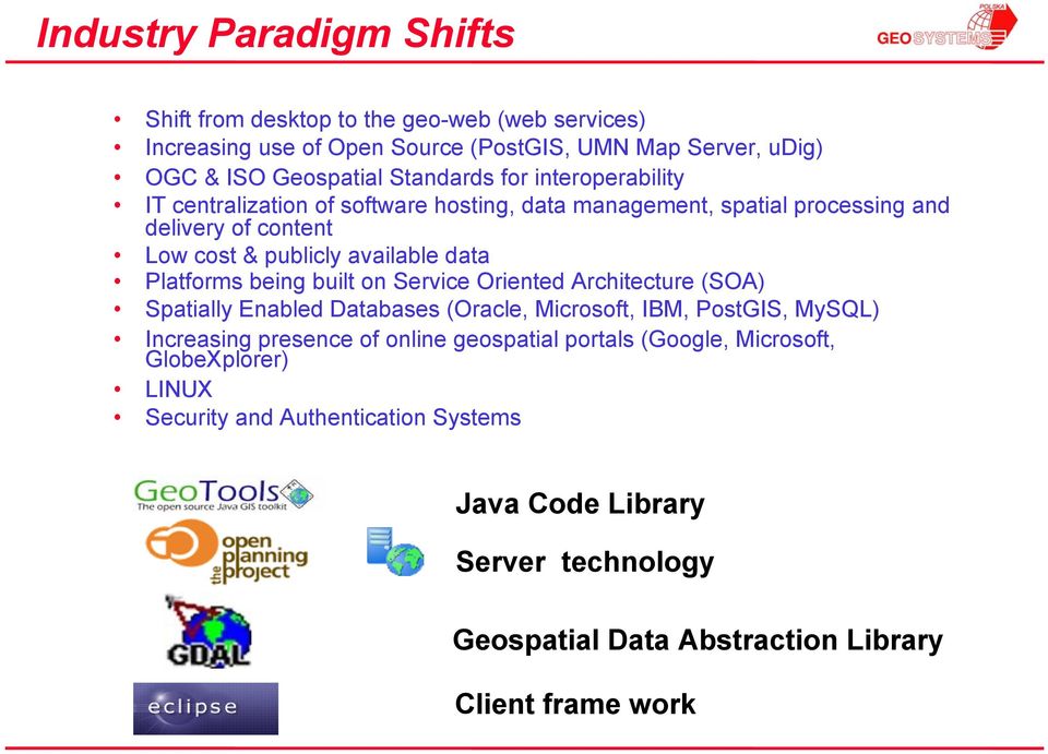 being built on Service Oriented Architecture (SOA) Spatially Enabled Databases (Oracle, Microsoft, IBM, PostGIS, MySQL) Increasing presence of online geospatial