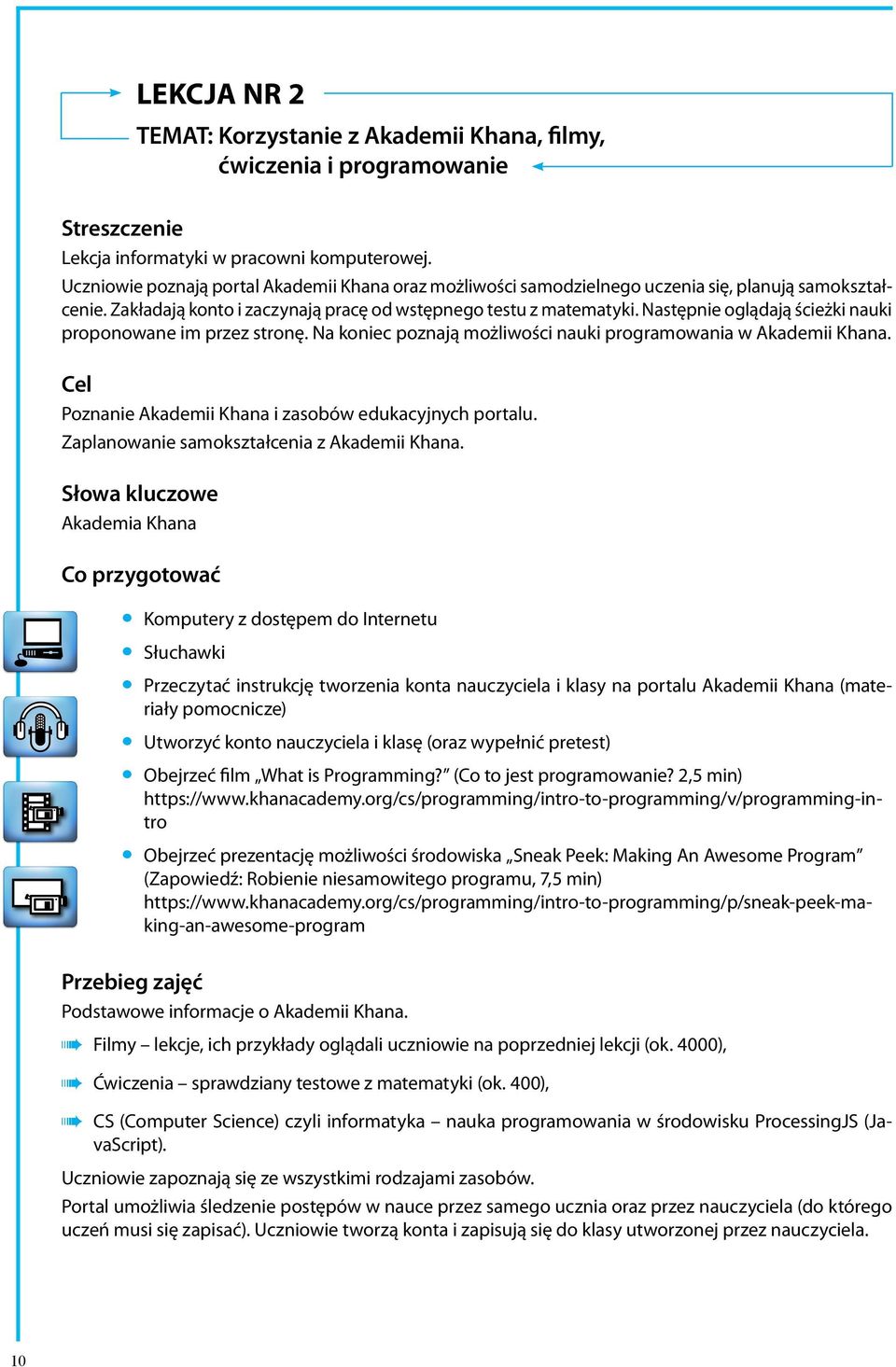 Następnie oglądają ścieżki nauki proponowane im przez stronę. Na koniec poznają możliwości nauki programowania w Akademii Khana. Cel Poznanie Akademii Khana i zasobów edukacyjnych portalu.