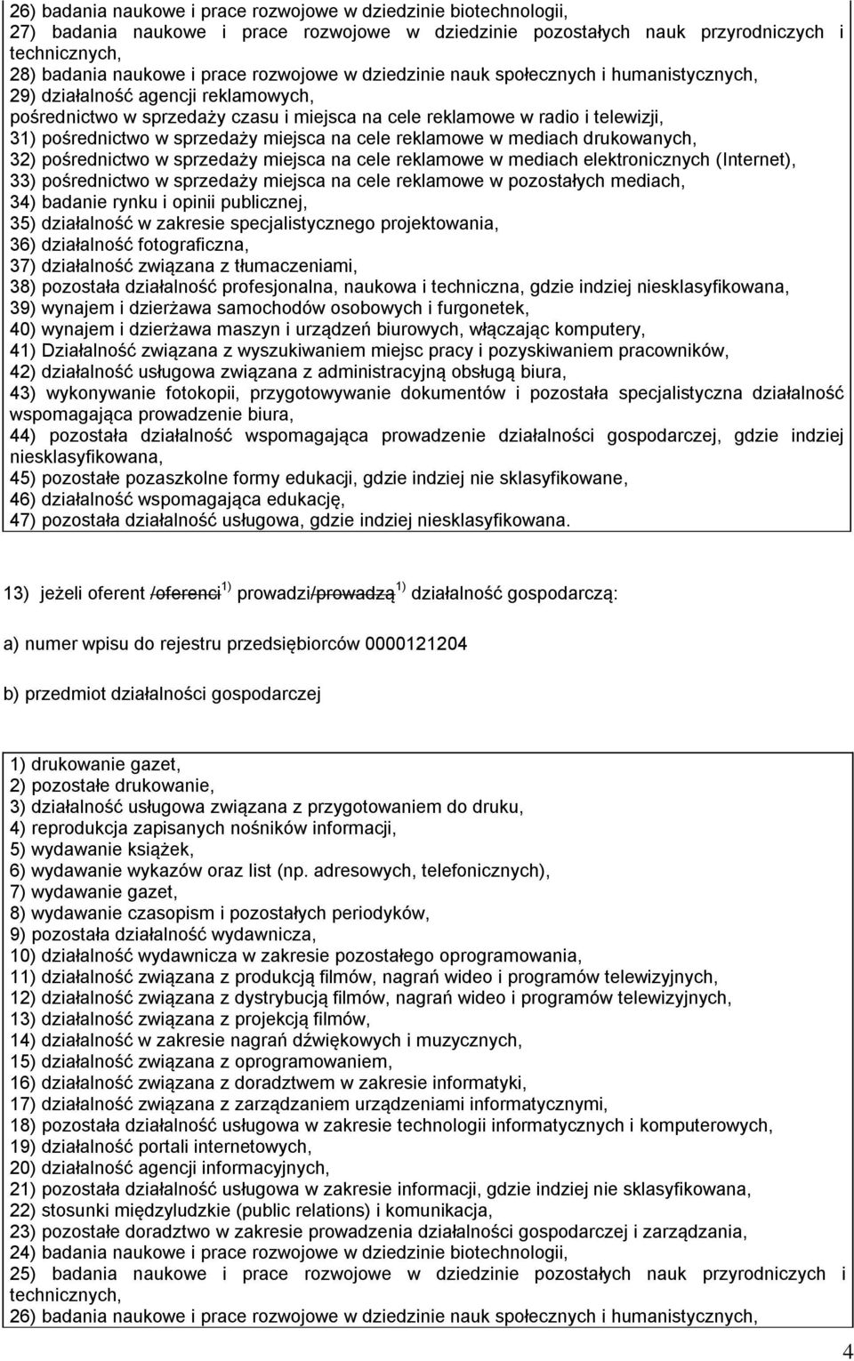 sprzedaży miejsca na cele reklamowe w mediach drukowanych, 32) pośrednictwo w sprzedaży miejsca na cele reklamowe w mediach elektronicznych (Internet), 33) pośrednictwo w sprzedaży miejsca na cele