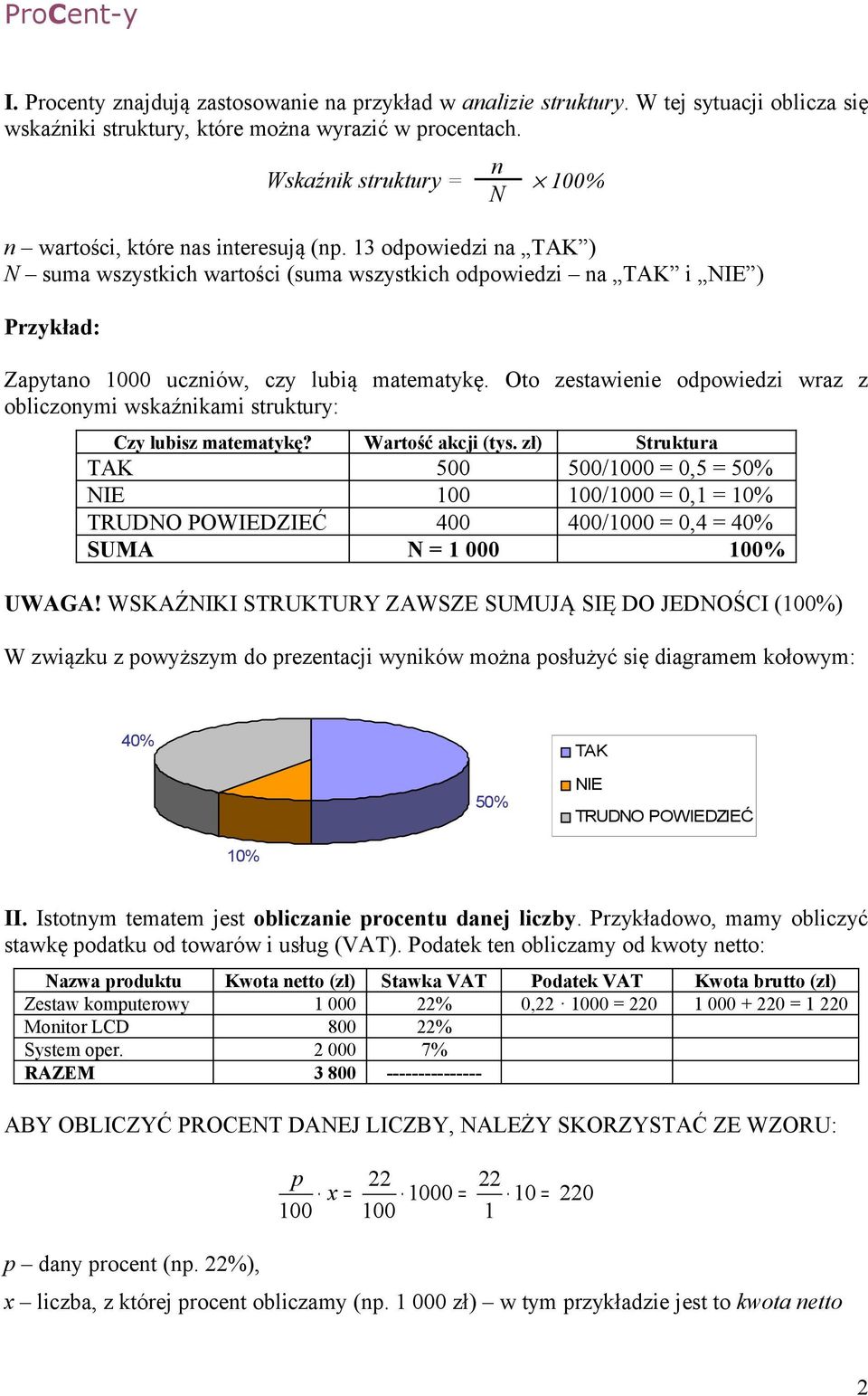 3 odpowiedzi na TAK ) N suma wszystkich wartości (suma wszystkich odpowiedzi na TAK i NIE ) Przykład: Zapytano 000 uczniów, czy lubią matematykę.