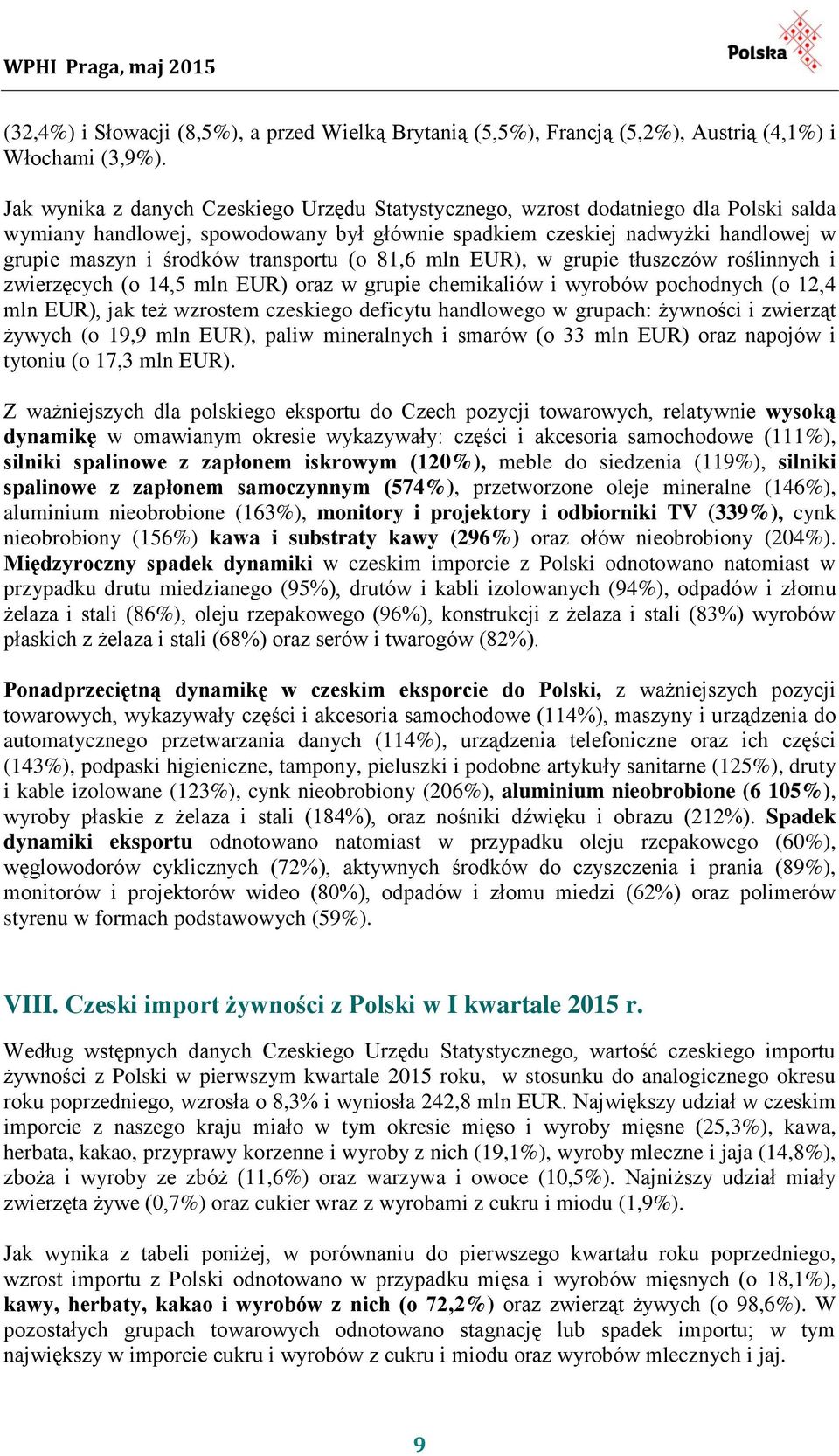 transportu (o 81,6 mln EUR), w grupie tłuszczów roślinnych i zwierzęcych (o 14,5 mln EUR) oraz w grupie chemikaliów i wyrobów pochodnych (o 12,4 mln EUR), jak też wzrostem czeskiego deficytu