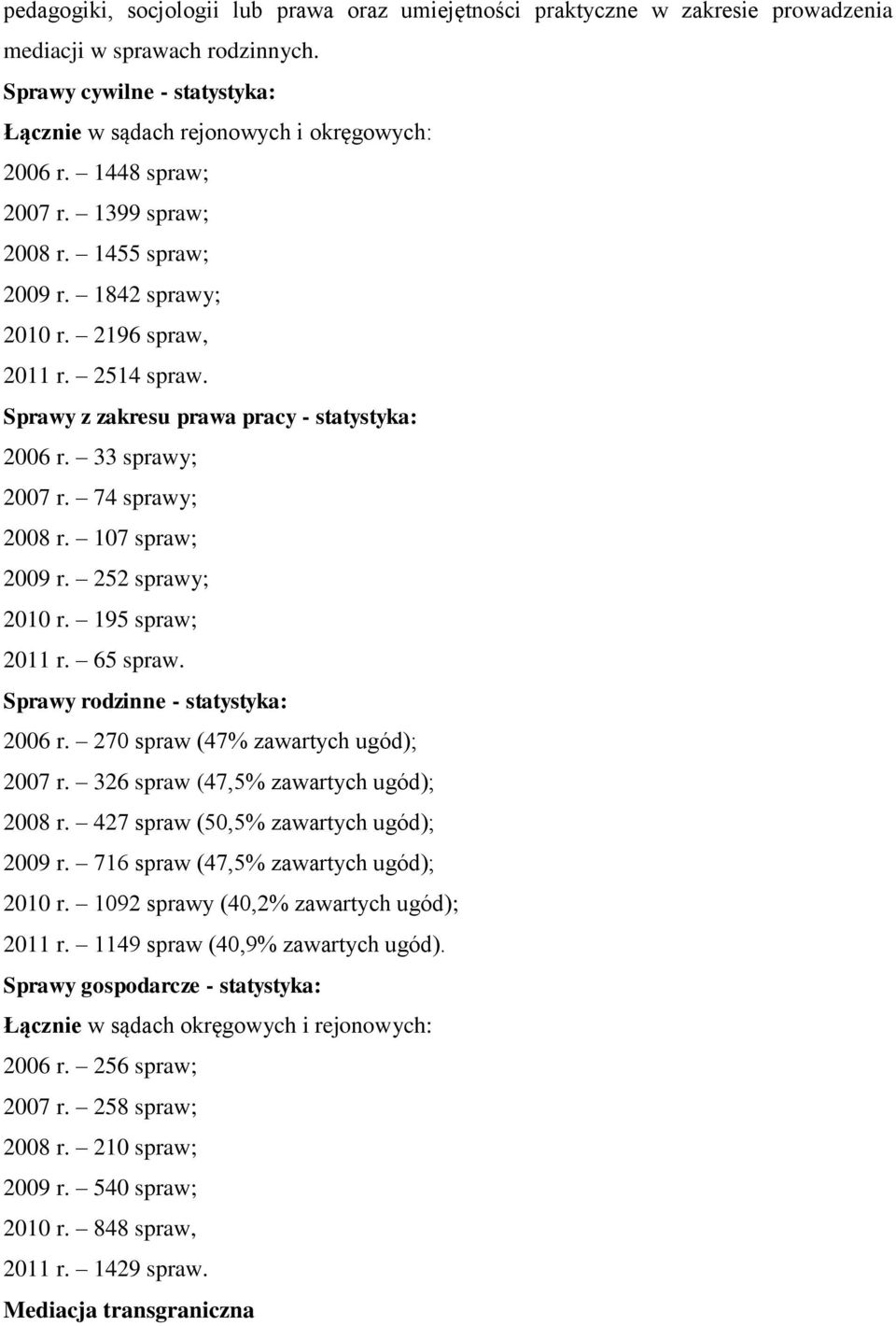 74 sprawy; 2008 r. 107 spraw; 2009 r. 252 sprawy; 2010 r. 195 spraw; 2011 r. 65 spraw. Sprawy rodzinne - statystyka: 2006 r. 270 spraw (47% zawartych ugód); 2007 r.