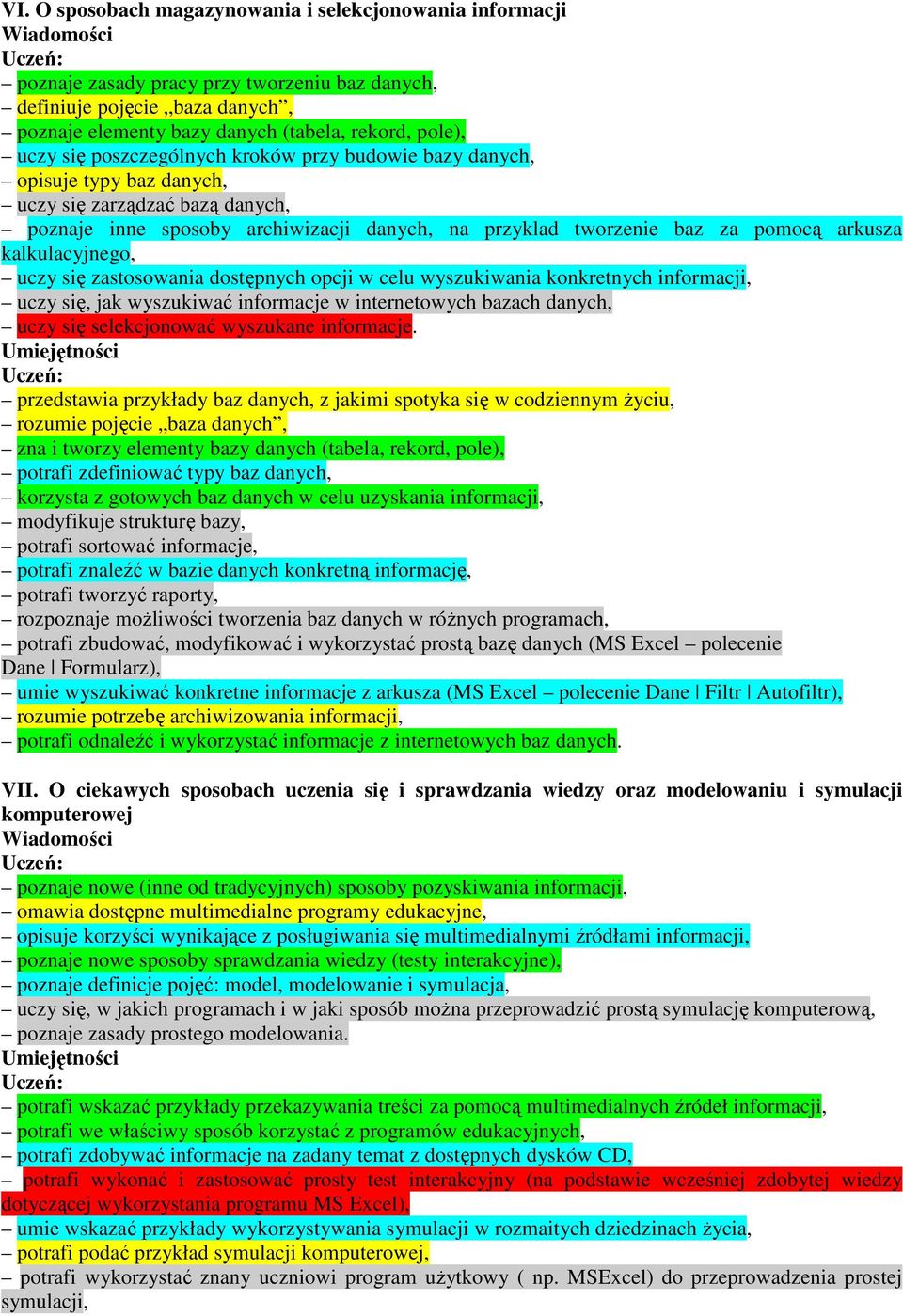 kalkulacyjnego, uczy się zastosowania dostępnych opcji w celu wyszukiwania konkretnych informacji, uczy się, jak wyszukiwać informacje w internetowych bazach danych, uczy się selekcjonować wyszukane