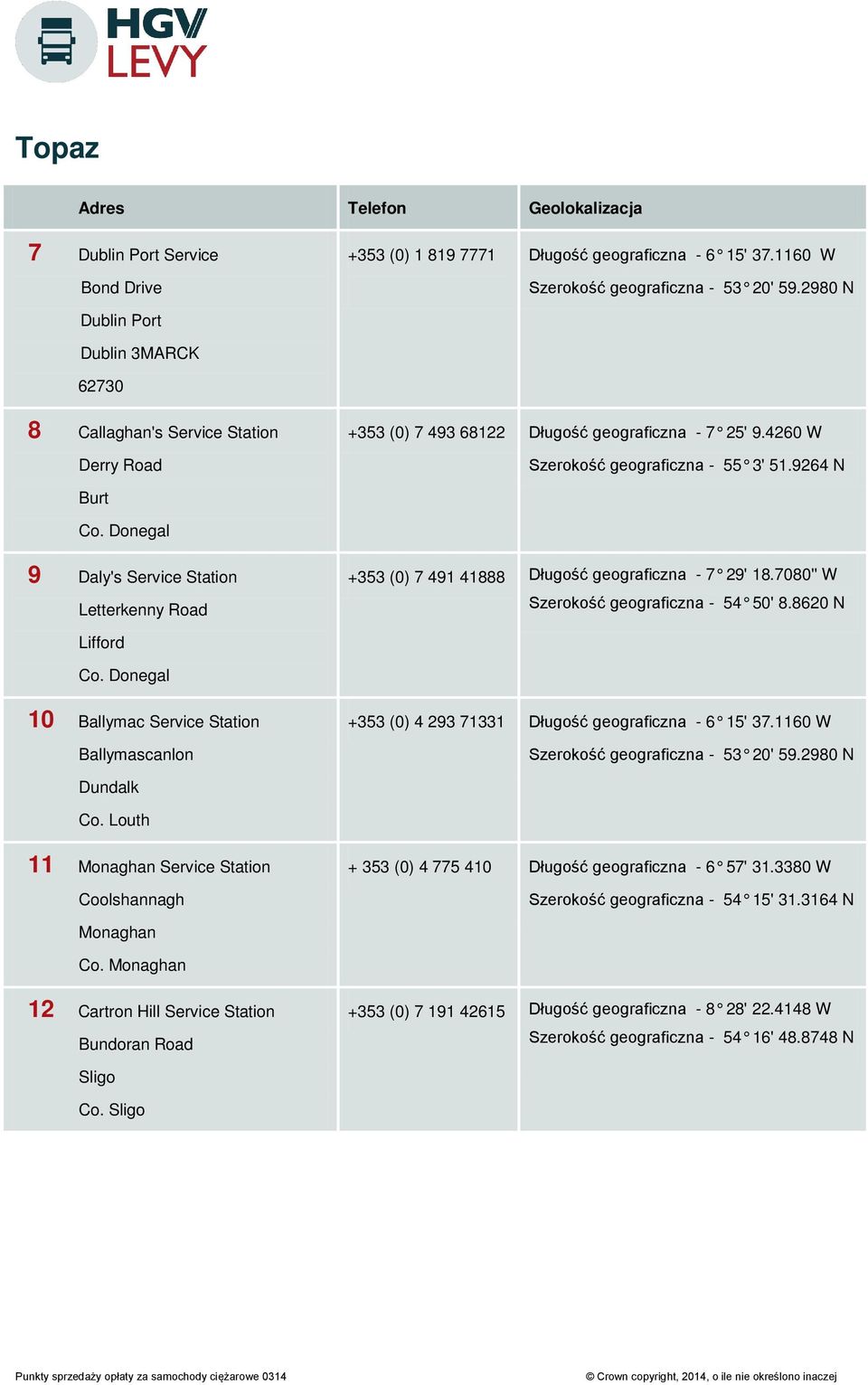 Donegal 9 Daly's Service Station Letterkenny Road +353 (0) 7 491 41888 Długość geograficzna - 7 29' 18.7080'' W Szerokość geograficzna - 54 50' 8.8620 N Lifford Co.