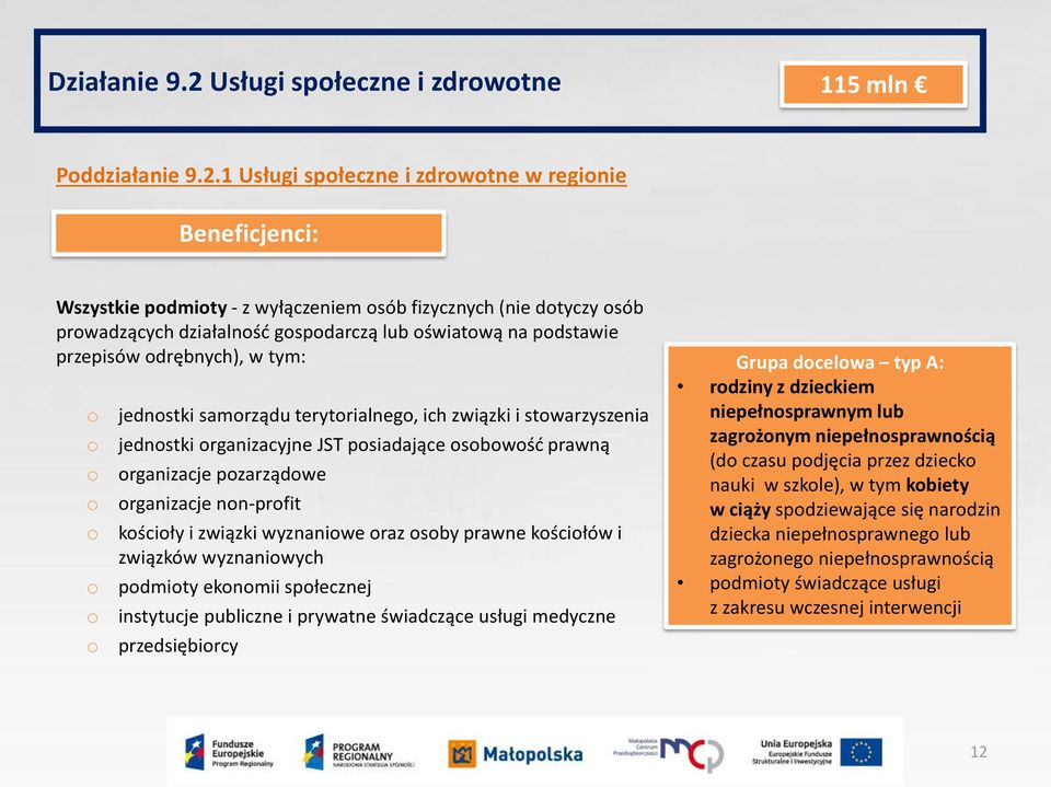 1 Usługi społeczne i zdrowotne w regionie Beneficjenci: Wszystkie podmioty - z wyłączeniem osób fizycznych (nie dotyczy osób prowadzących działalność gospodarczą lub oświatową na podstawie przepisów