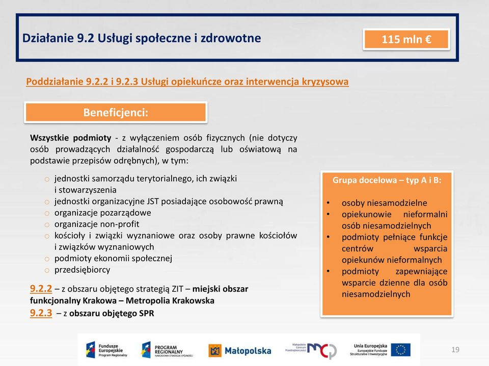 2 i 9.2.3 Usługi opiekuńcze oraz interwencja kryzysowa Beneficjenci: Wszystkie podmioty - z wyłączeniem osób fizycznych (nie dotyczy osób prowadzących działalność gospodarczą lub oświatową na