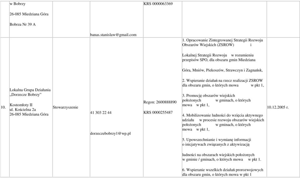 Zagnańsk, 10. Lokalna Grupa Działania Dorzecze Bobrzy Kostomłoty II ul. Kościelna 2a 41 303 22 44 dorzeczebobrzy1@wp.pl Regon: 2600888890 KRS 0000255487 2.