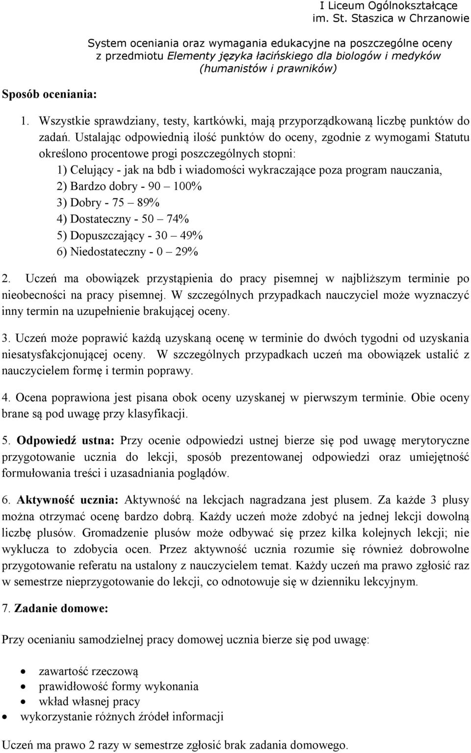 2) Bardzo dobry - 90 100% 3) Dobry - 75 89% 4) Dostateczny - 50 74% 5) Dopuszczający - 30 49% 6) Niedostateczny - 0 29% 2.