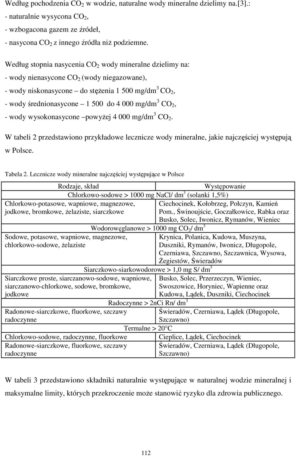 2, wody wysokonasycone powyŝej 4 000 mg/dm 3 CO 2. W tabeli 2 przedstawiono przykładowe lecznicze wody mineralne, jakie najczęściej występują w Polsce. Tabela 2.