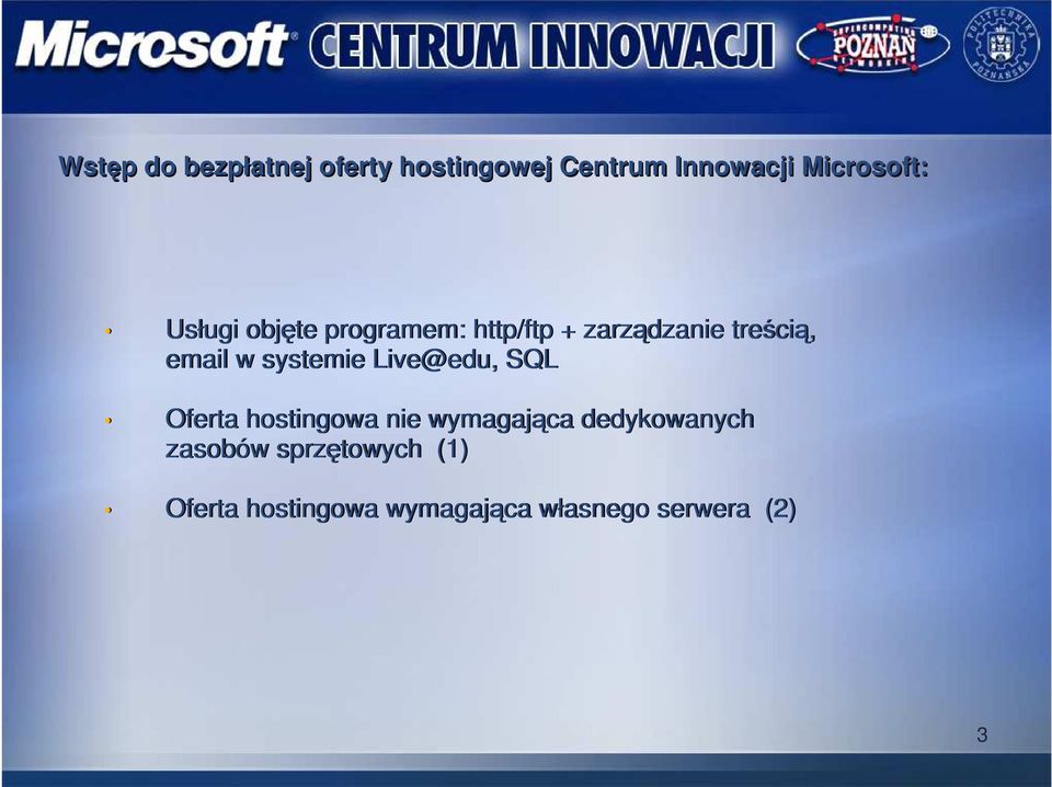 systemie Live@edu, SQL Oferta hostingowa nie wymagająca dedykowanych
