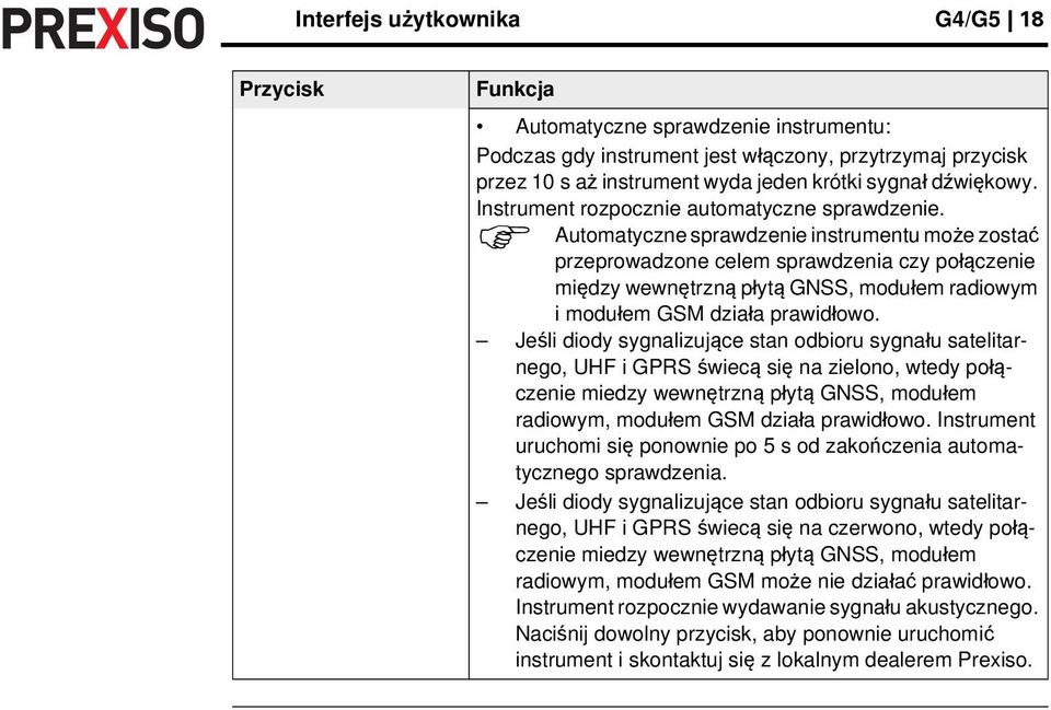 Automatyczne sprawdzenie instrumentu może zostać przeprowadzone celem sprawdzenia czy połączenie między wewnętrzną płytą GNSS, modułem radiowym i modułem GSM działa prawidłowo.