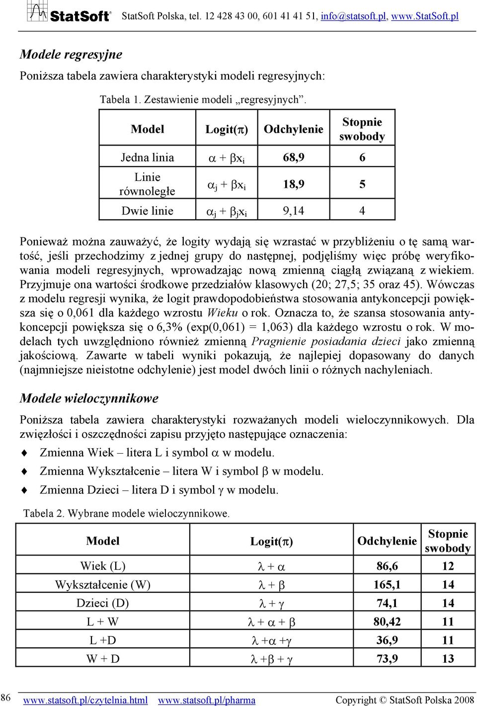 przybliżeniu o tę samą wartość, jeśli przechodzimy z jednej grupy do następnej, podjęliśmy więc próbę weryfikowania modeli regresyjnych, wprowadzając nową zmienną ciągłą związaną z wiekiem.